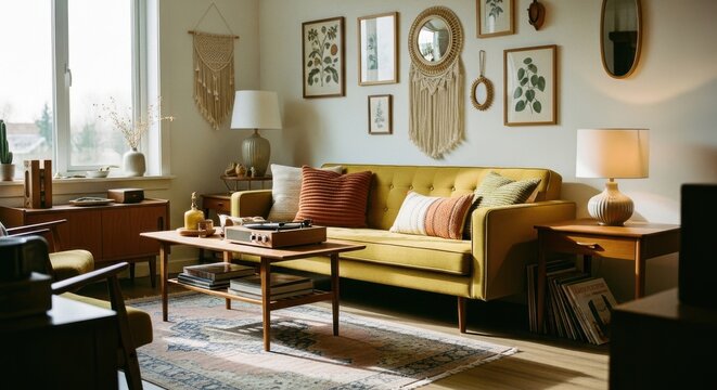 Cozy living room with yellow couch and colorful pillows and decor