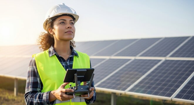 Manufacturer solar farm aerial inspection technology concept showing female technician operating drone controller above photovoltaic field highlighting renewable energy monitoring innovation