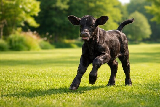 Energetic pet Brangus calf romping across a verdant grass lawn on a bright summer day full length view with copy space