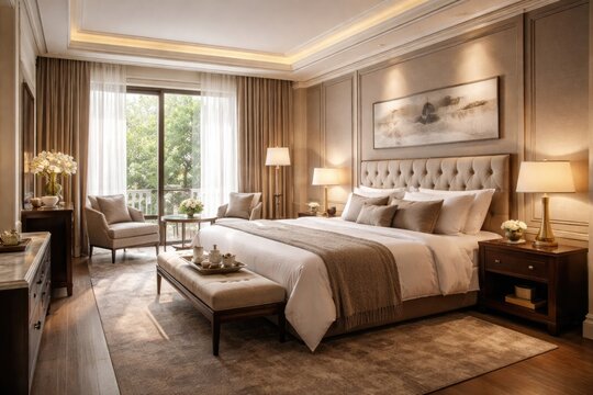 High end hotel room with double bed chic furnishings and natural daylight enhancing a restful mood