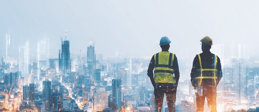 High-angle view of two construction engineers standing with their backs to the camera, with a digital city background, double exposure.