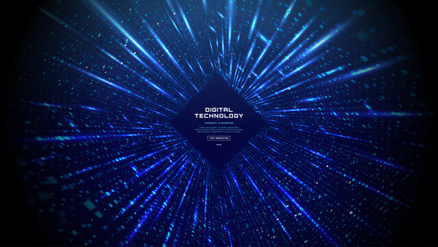 Abstract blue digital background with glowing hexagon portal, ai tech light rays and data particles, futuristic technology scene with network connections, cyber space tunnel, dynamic digital energy