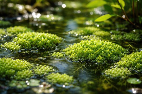 Freshwater ecosystem featuring vibrant Wolffia Globosa water meal clusters