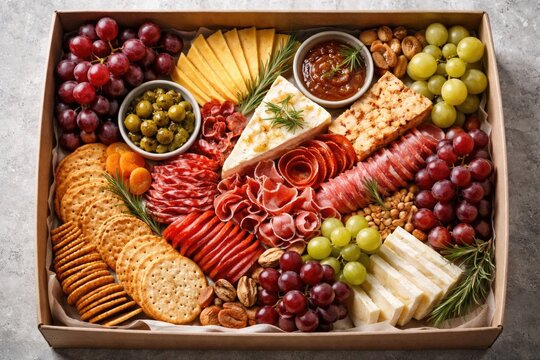 Flat lay of an assorted charcuterie box with sliced cheese meat grapes and crunchy crackers