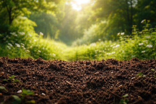 Healthy rich soil in front of a softly blurred vibrant green scenery illustrating nature preservation efforts