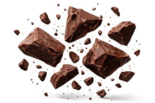 broken chocolate bits levitating against a white backdrop
