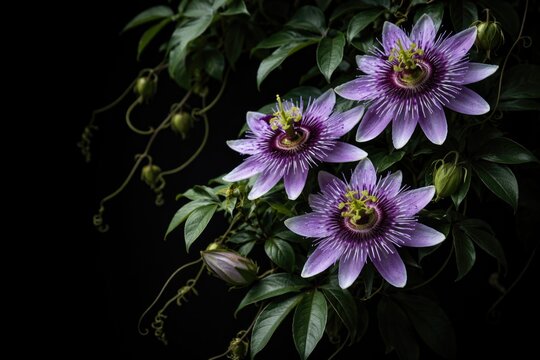 Full display of Passiflora edulis with striking purple striped blooms and extended stems on black background with copy space