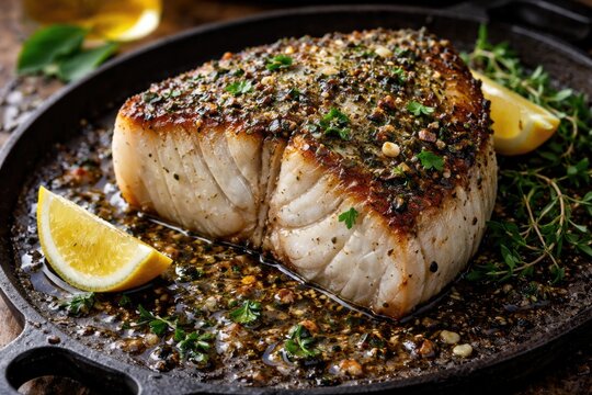 Atlantic wolffish steak rubbed with savory herb blend