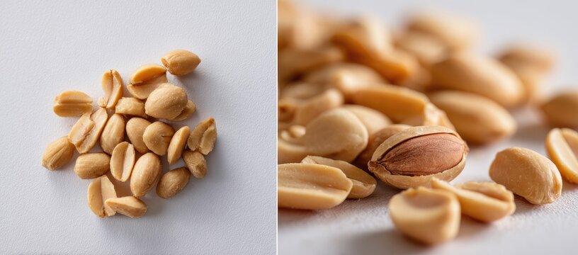 Close-up of roasted peanuts in a pile, split image showing two perspectives.