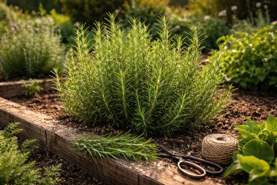 Aromatic rosemary herb thriving in well tended garden plot ready for kitchen use