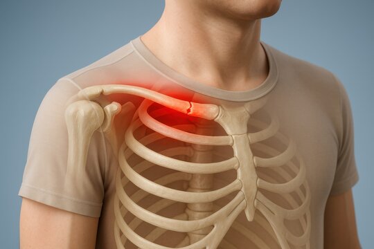 3D medical anatomical close-up of upper chest and shoulder showing midshaft displaced clavicle fracture with red highlighted break and misaligned fragments, clinical acute traumatic injury