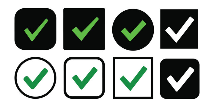 Checkmark icon collection. Check tick symbols for validation, Checked check box sign.