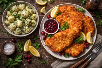 Fototapeta premium Flat lay of deep fried schnitzel with creamy herb potato salad lemon wedges and a scattering of cranberries