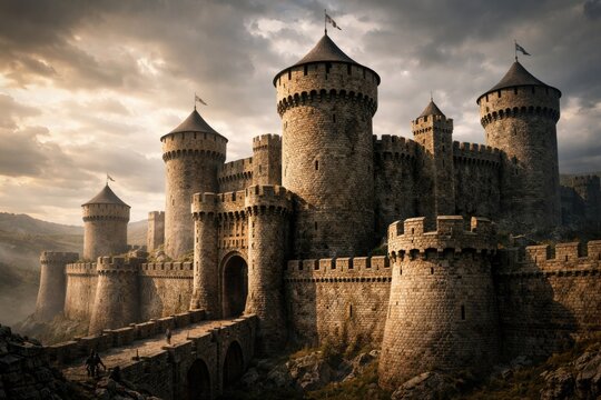Fortified stone structure showcasing robust watchtowers and ramparts