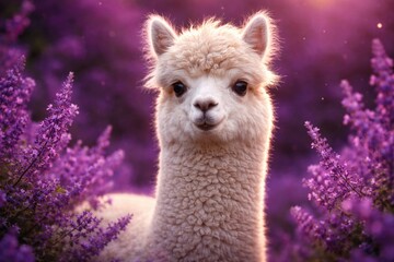 Fototapeta premium Delightful alpaca captured with a rich purple background