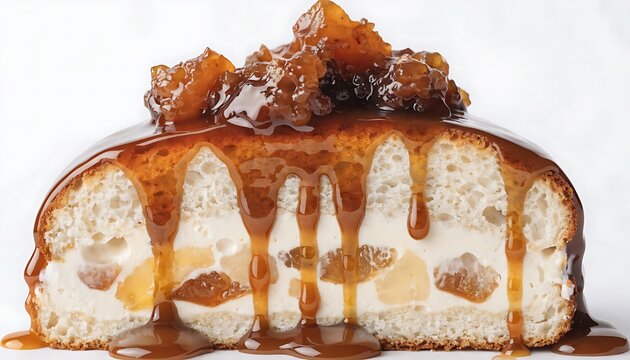 Trilece cake slice with soft milk-soaked sponge and caramel topping, isolated on white background for dessert photography.