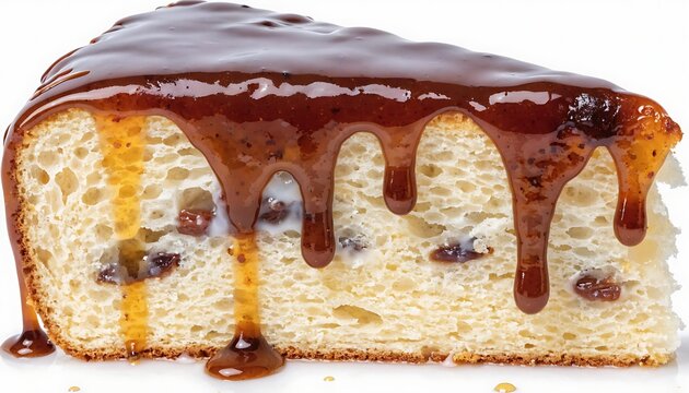 Trilece cake slice with soft milk-soaked sponge and caramel topping, isolated on white background for dessert photography.