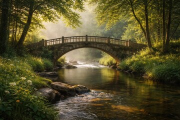 Fototapeta premium idyllic bridge connecting banks of quiet stream