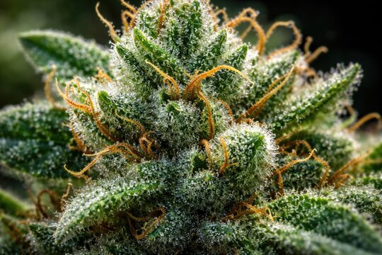 Fresh green marijuana bud with prominent sticky trichomes in macro detail