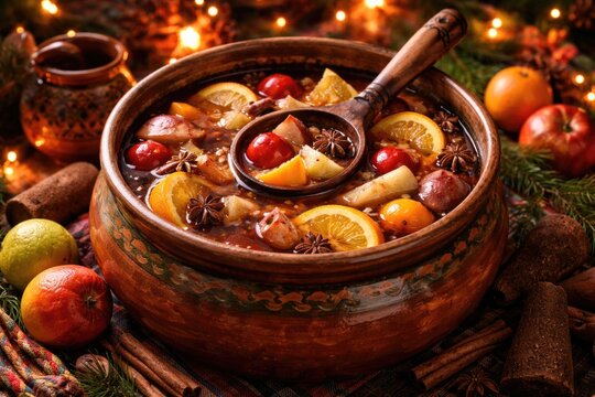 Festive Mexican Ponche infused with tropical fruits and piloncillo served warm for Christmas