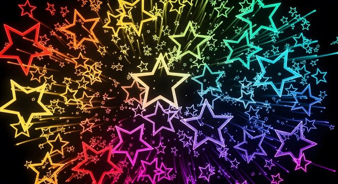 Vibrant rainbow neon stars exploding in space. Celebration and abstract background. Multicolored star shapes flying through a dark galaxy with light trails and glowing energy