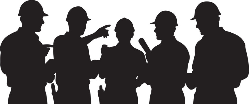 Construction workers, laborers, silhouette icons, black vector graphics, industrial workers set