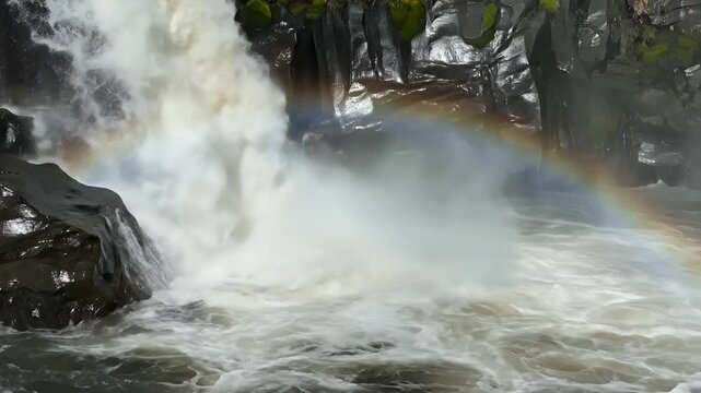 Powerful Waterfall Cascading Over Rocky Cliffs with Rainbow Mist.
