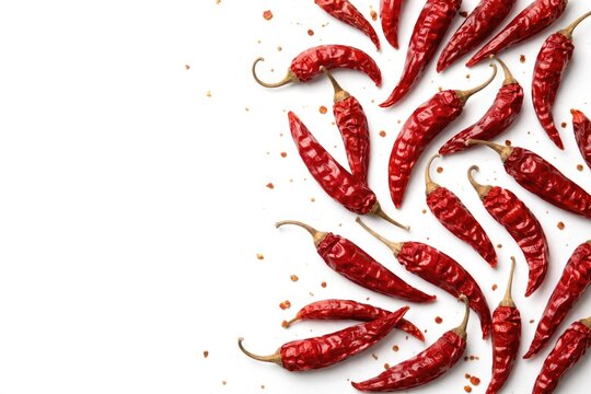 Dry hot chili peppers scattered on a bright white background with copy space