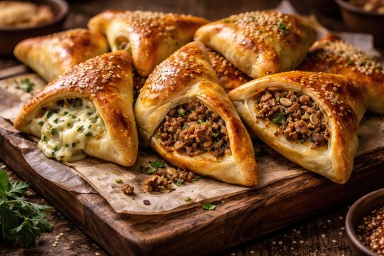 Close-up view of cheese and meat stuffed fatayer arranged on a wooden serving tray