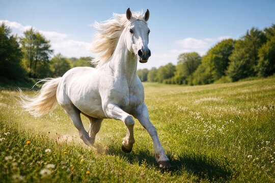 Joyful white horse running freely through a dense green pasture under clear summer skies