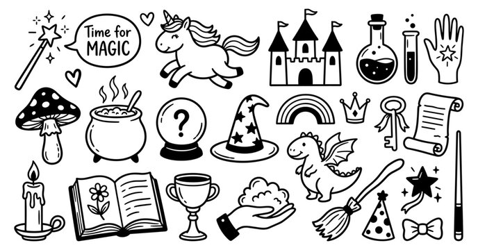 Magic fantasy set unicorn dragon castle wizard hat doodle line art