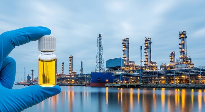 Gloved hand holds oil sample in front of industrial refinery plant at dusk