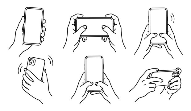 Smartphone hand doodle set with phone holding gesture line art