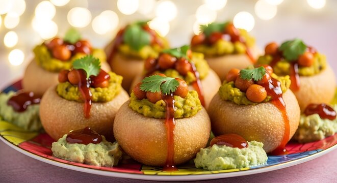 Elegant presentation of stuffed golgappa snacks with spicy red sauce and green herb garnishings.