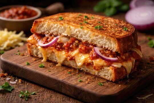 Half-cut sandwich with mixed cheeses, pasata, and onion served on wooden chopping board