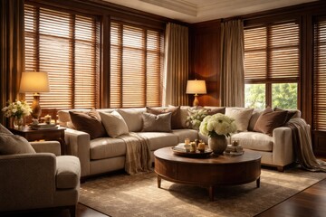 Fototapeta premium Elegant wooden living room with Venetian shades and soft fabric cushions