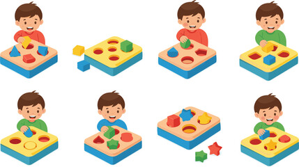 Fototapeta premium Kids playing shape sorting toy vector illustration set, children learning geometric shapes with educational puzzle board isolated for preschool activity and early childhood learning