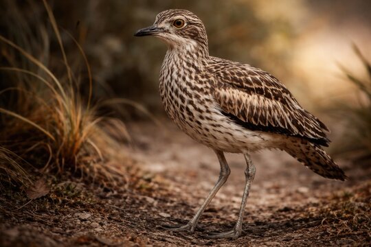 Gangly legged bush stone curlew showing off its speckled grey and brown plumage for naturalist artwork