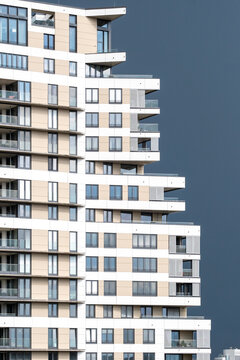 Modern highrise apartments facade in Frankfurt near Europagarten Germany with residential urban architecture and clean lines defining a contemporary tower