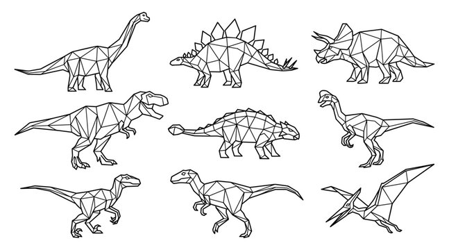Dinosaur low poly geometric set t-rex triceratops stegosaurus line art