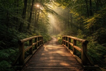 Fototapeta premium Early morning natural light shining on wooden footbridge through lush dense forest with green trees copy space