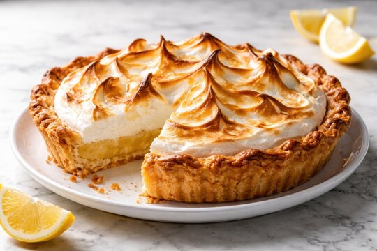 Homemade lemon meringue pie showing caramelized golden meringue and textured crust served on white plate with copy space