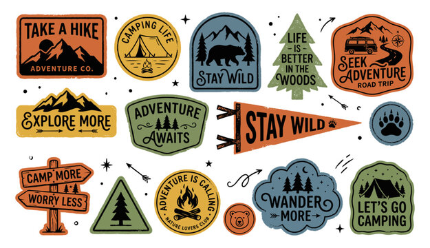 Adventure sticker set with mountain tent bear campfire and van vintage