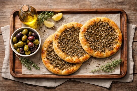 Flat lay of zaatar manakeesh bread on wooden tray with olives and olive oil providing copy space