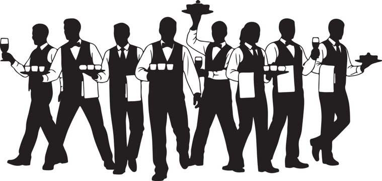 Waiters, bartenders, servers, catering staff, hospitality professionals, black silhouettes, vector icons, 9 elements