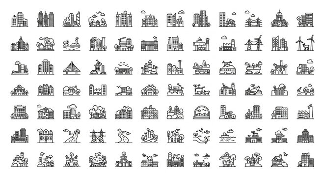 Collection of Small Black and White Cityscape Icons.