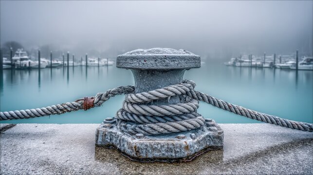 Weathered dock cleat with rope against a misty harbor view