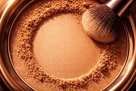 Compact face bronzer powder brush texture close up featuring circle copy space on makeup surface