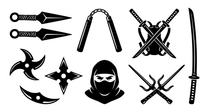 Ninja weapon set with katana shuriken kunai nunchaku mask silhouette