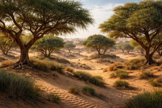 Desert-adapted Ghaf tree woodland flourishing over arid sandy dunes